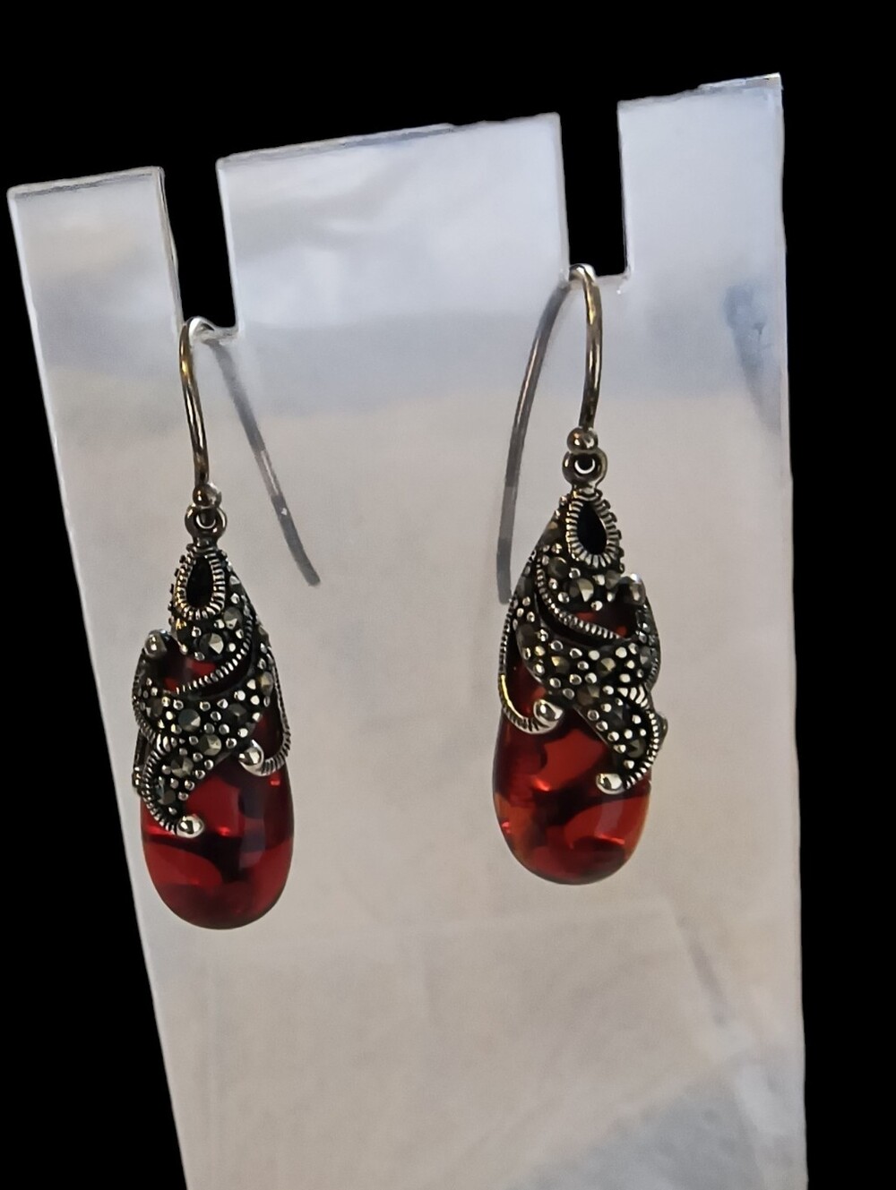 Sterling Silver, Ruby Red Glass & Marcasite Exotic Teardrop Earrings - Picture 7 of 10